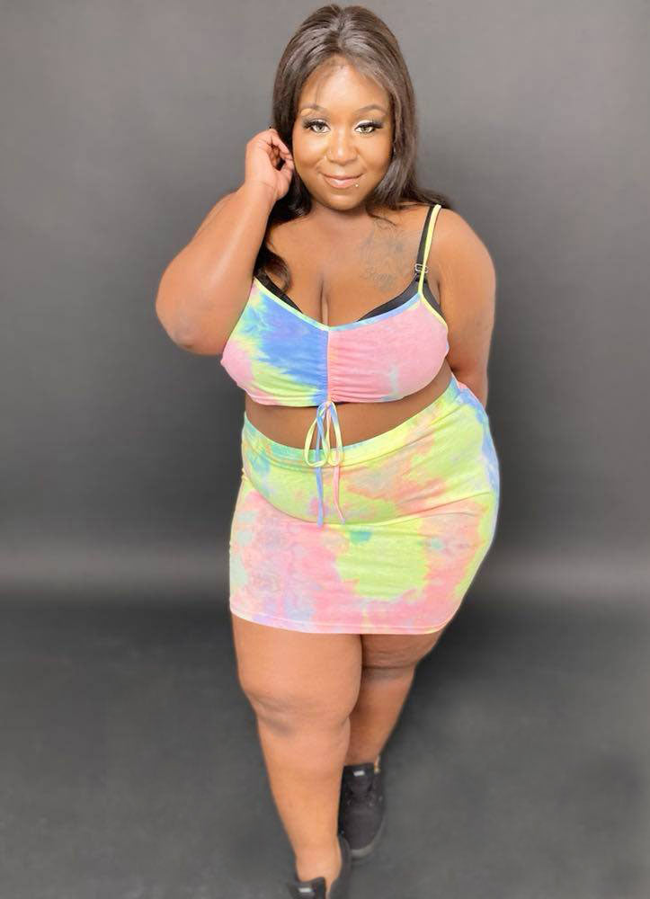 Drawstring Tie Dye Cami Top & Bodycon Skirt Set🍭🍧💛